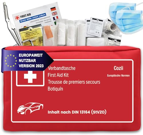 Auto Verbandskasten, 2023 Erste Hilfe Set für das Auto europaweit einsetzbar KFZ-Verbandtasche DIN 13164 (StVO konform) - PKW Verbandkasten Tasche, Kasten (Rot)
