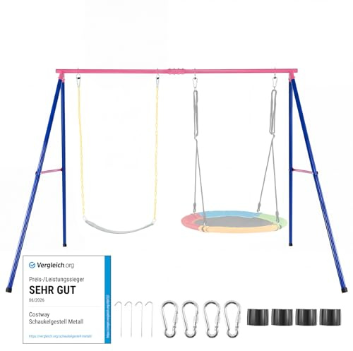 COSTWAY Supporto per Altalena Bambini, Base da Altalena per Bambini in Metallo, Strattura per Altalena da Giardino, Portata 300 kg (Rosso+Blu, Supporto)