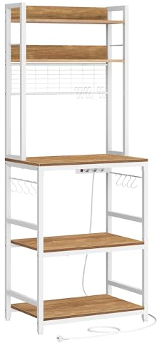 VASAGLE Küchenregal, Standregal mit Steckdosen, Mikrowellen-Regal, mit Gitterplatte, 14 Haken, 40 x 60 x 170 cm, walnussbraun-weiß KKS037W41EU