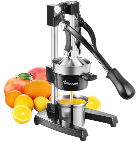 TONGCHANT Cast Iron Juicer, Heavy Duty Manual Citrus Press | Hand Press Juicer for Orange Lemon Pomegranate, High Leverage for Easy Juicing, Stainless Steel Cup, Black