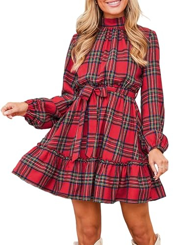 CUPSHE Vestido de otoño a cuadros rojos para mujer, cuello alto, manga larga, lazo en la espalda, cintura recortada, con cordones, cinturón y volantes, Rojo Plaid, M