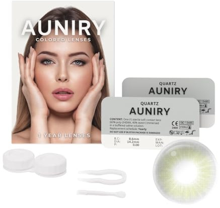 AUNIRY Lenti a Contatto Colorate Grigie Verdi Naturali QUARTZ: Kit Completo (2 Lenti Colorate Annuali Non Graduate, Pinzetta, Applicatore e Portalenti), Adatte per Occhi Scuri e Senza Gradazione