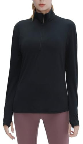 SHEKINI Women Cool Shirts Running Tops Long Sleeve 1/4 Zip Summer Quick Dry Hiking Shirts Sun Protection Golf Sport Gym Pullover Black