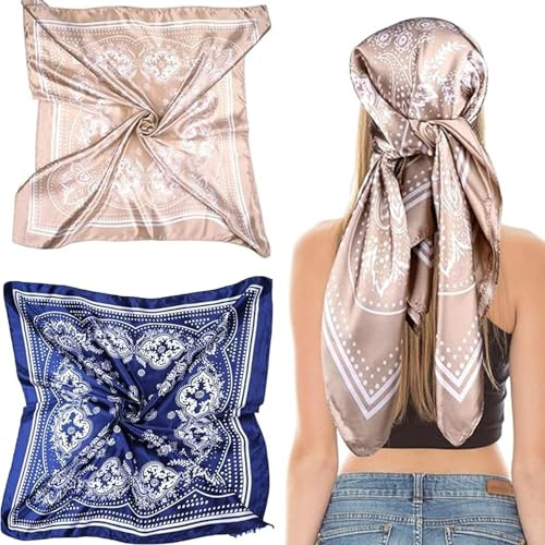 2 PCS Silk Head Scarf, Satin Square Bandana for Women - Hair Wraps for Sleeping, Neck Decoration, Headwear Gift