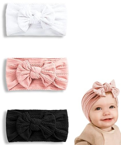 QZKJQDD 3 Stück Stirnband Baby Mädchen, Schleifen-Haarband, Elastisches Kopfband für Kleinkinder und Neugeborene (Rosa, Schwarz, Weiß)