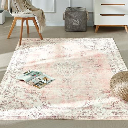 Xfrog Machine Washable Rug Large Vintage Area Rug Short Pile Non-Slip Traditional Rug Carpet for Living Room Office Kitchen Dining Light Pink 200x300CM