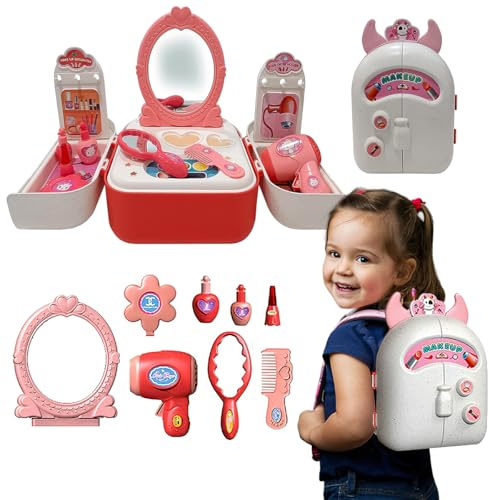 Koolbitz 2-in-1 Pink Beauty Makeup and Hair Styling Backpack Set for Kids - Pretend Play Toy with Hair Dryer, Mirror, Comb & Accessories - Educational Role Playing Gift for Girls Aged 3+