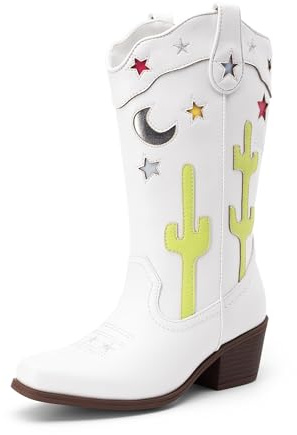 DREAM PAIRS Girls Cowboy Boots Square Toe Western Boots with Low Heel,Size 2 Big Kid,White,KKUMMB2501