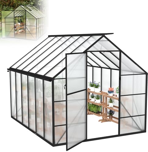 XMTECH Serre en aluminium 310 x 250 x 205 cm avec plaques alvéolaires en polycarbonate de 4 mm – Résistant aux UV, aux intempéries et aux tempêtes – Avec porte, 2 fenêtres de toit et fondation en