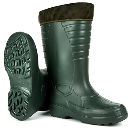 HEYO Botas de goma para hombre, forradas, térmicas, de espuma EVA, ligeras, impermeables, cálidas, de trabajo, fabricadas en la UE, verde, 43 EU