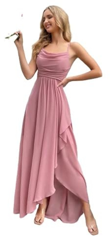 Vestido de Noche de Chiffon Sin Mangas - Largo 125cm para Fiesta, Ceremonia y Eventos Formales (Rosado,S)