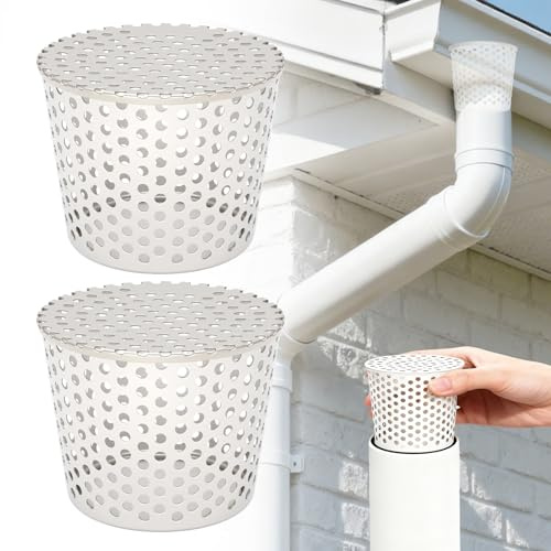 Takrännor i rostfritt stål, lövskydd, hängrännor, bladskydd takrännor, takrännor, plast, fallrörsskydd, regnrännor, trädgårdshus, lövskydd för takrännor, bladfälla fallrör (90–110 mm-2 st)