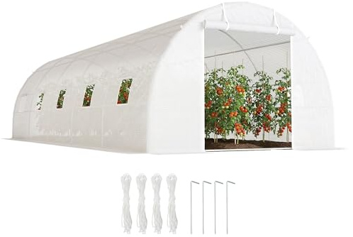 Outsunny Serra da Giardino a Tunnel 8x3x2 m con Porte Avvolgibili e 12 Finestre, Serra per Orto con 4 Rinforzi Diagonali, Struttura in Acciaio e Copertura PE, per Orto Verdure Fiori Frutta, Bianco