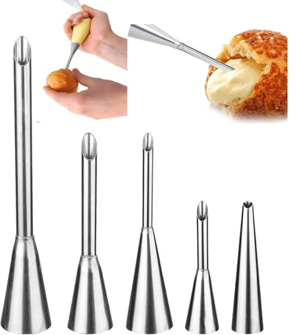 5 Pezzi Set Ugelli Lunghi per Sac à Poche in Acciaio Inossidabile | Ugelli da Pasticceria per Ripieno Bignè, Ciambelle, Cupcake e Dolci | Ideali per Crema Pasticcera, Panna, Ganache e Confetture