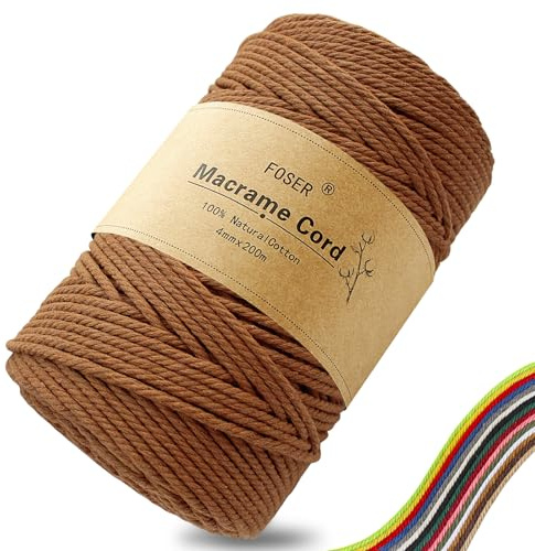 FOSER Premium makramégarn 4 mm x 200 m, naturligt makramérep för hantverk, väggdekoration (mörkbrun)