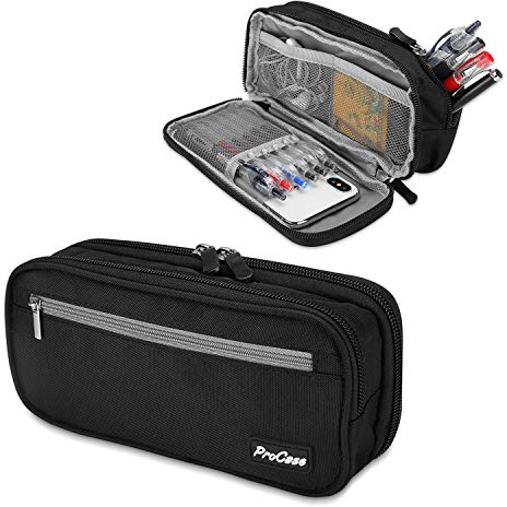 ProCase Pencil Case Pen Bag, Two Layers Big Capacity Pencil Pouch Pen Organizer Durable Stationery Holder for Marker Organization School Supplies Office Storage Desk Organizing -Black
