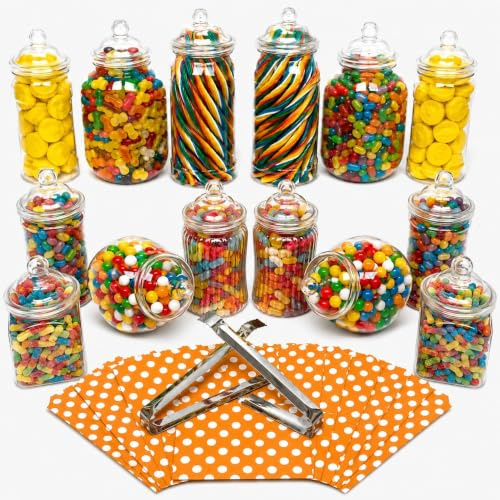 14 Plastic Sweet Jars, 7 Styles, 2 Tongs and 50 Bags. Ideal for Party, Wedding, Sweet Table, Candy Buffet (Orange Polka Dot Bags)