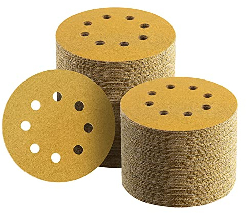 Keeimp 100 Pcs 5 Inch Sanding Discs Hook and Loop, 120 Grit Sandpaper for Woodworking or Automotive, 8 Hole Gold Premium Dustless Random Orbit Sandpaper