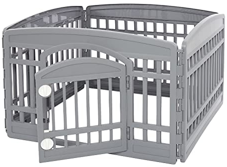 Iris Ohyama Welpenauslauf mit 4 Panelen und abschließbarer Tür, H60cm, Grau, Katzengehege, Hundebox, Für Outdoor, Indoor, Welpenlaufstall, Hundezaun, Welpenzaun, Laufstall Hund, CI-604E WD