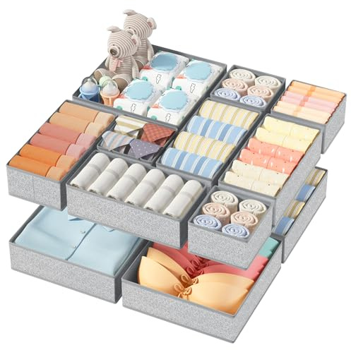 DIMJ Schrank Organizer, Faltbare Schubladen Organizer, Unterwäsche Organizer Aufbewahrungsbox Stoff, 12 Stück Organizer Kleiderschrank für Kleidung, BHS, Socken, Grau Meliert