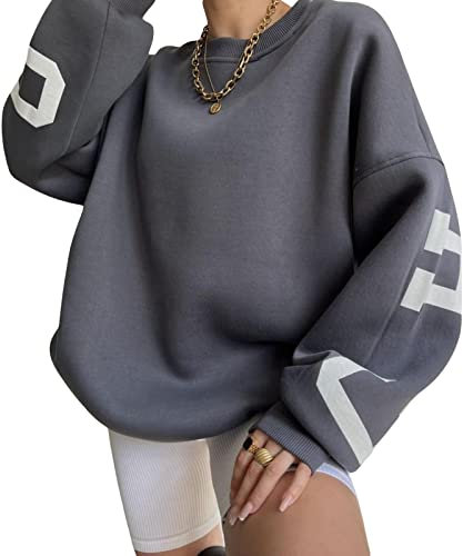 Yassiglia Oversize Pullover Damen Elegant Sweatshirt ohne Kapuze Fleece Oberteile Herbst Winter Verdickt Warm Pulli Y2K Hoodie für Teenager Mädchen (Grau, S)