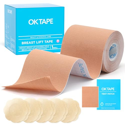OK TAPE Bande de Levage de Poitrine pour Grands Seins A-G Coupe Ruban Invisible avec 5 Paires de Cache-Tétons Bande Vêtements pour Robes,Body Tape pour Gros Seins,7,5cm x 5m,Beige
