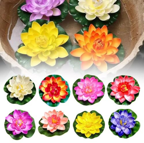Cikiki 8Pcs Artificial Floating Lotus Flower,3.9inch Realistic Water Lilies Flowers with Lily Pads, Lifelike Lotus Flower Decor for Pond Pools Patio Home Garden Outdoor
