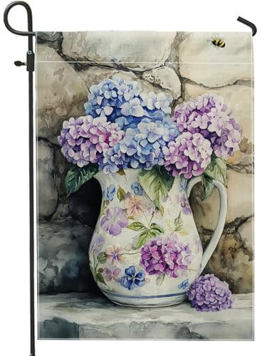 Bandera de jardín de hortensias de primavera y verano, pancarta decorativa floral violeta y azul, bandera de patio de doble cara, decoración del hogar y exteriores, hermosa exhibición de jardín de 12