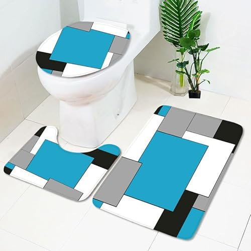 Badezimmerteppich Blaugraue Geometrie WC Vorleger mit Ausschnitt WC Deckelbezug 3 Teiliges WC Teppich rutschfeste Badgarnitur U förmiger Badematte Waschbar Bad Teppiche Set 50x80 cm