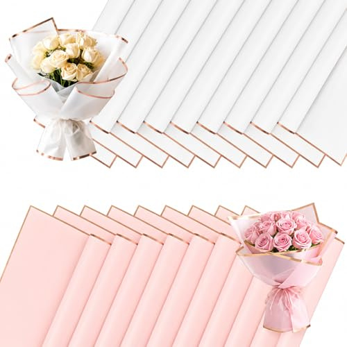 Luxoraiova 20 fogli di carta da regalo, carta da regalo, impermeabile, con bordo dorato, per confezioni regalo, fiori e artigianato (rosa e bianco, 58 x 58 cm)