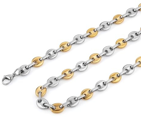 HZMAN Stainless Steel Necklace for Men Hip Hop Polished Silver Gold Chain Coffee Bean Chain Necklace Jewelry Gift (20in)