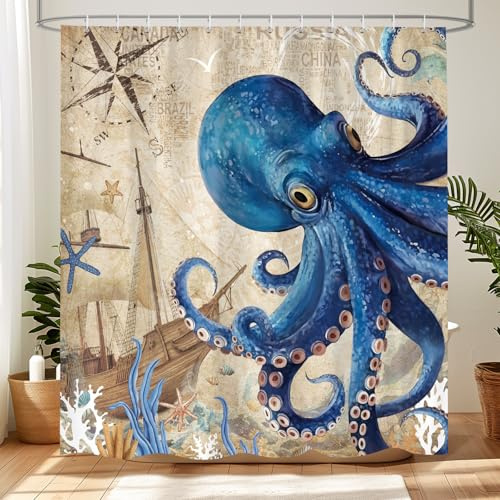 Dazzlewall Duschvorhang Maritim Oktopus Retro Nautische Landkarte 180x180cm, Wasserdicht Anti Schimmel Polyester Badevorhang mit 12 Haken