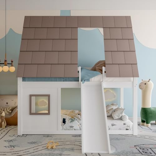 Sweiko Maison en Bois Lit Superposé 140x200 cm avec Toit, Échelle et Toboggan, Blanc + Marron, Adapté à la Chambre à Coucher