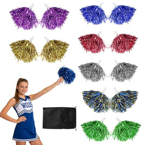 HENGBIRD 14 pompon da cheerleader con manici 7 colori Pompon cheerleader con sacchetto di conservazione, pompon da cheerleading Adatti per eventi sportivi, eventi di danza, feste e carnevale