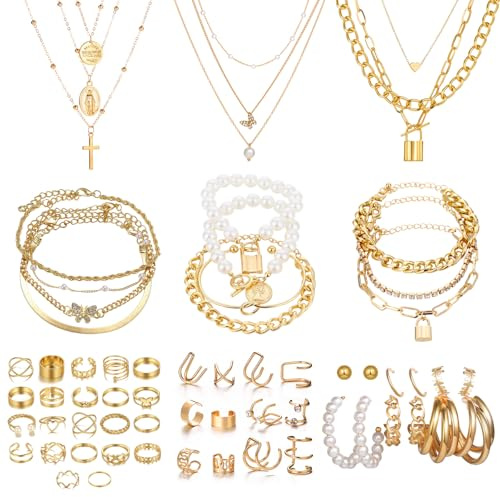 EDLMKM Gold Jewellery, Women's Jewellery Set, Gold Bracelet, Necklace, Rings, Bracelets, Ear Cuffs, gGold Costume Jewellery Sets for Women, Birthday Christmas Anniversary Day Gifts for Her