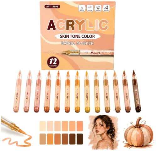 Xforevery 12 Rotuladores Acrílicos líquido directo, Marcadores Acrílicos Color Piel, Punta Pincel 1-5,5 mm, Acrylic Paint Marker para Retrato, Ilustración, Colorear Adultos, Vidrio, Madera y Más