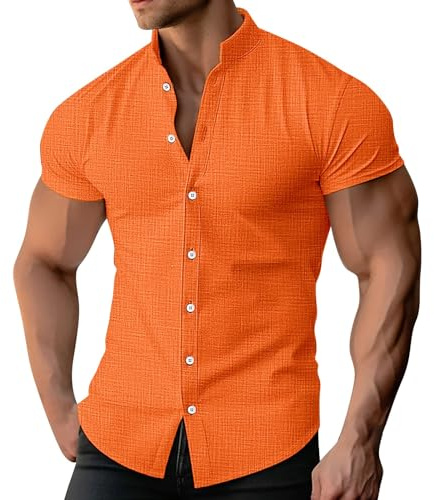 Cocila Chemise en Lin Homme À Manches Courtes pour Hommes Décontractée Couleur Unie Tendance Coton Et Lin Ample Col Debout Muscle Manche Courte Blanche Slim Fit Vintage De Plage Tee