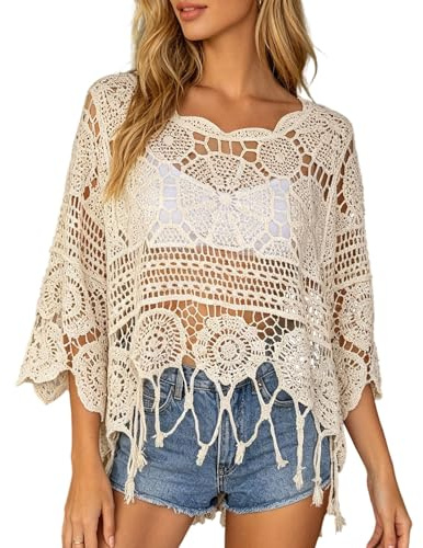 Crochet Tops for Women UK Sexy Hollow Out Crochet Top Casual Short Sleeve Jumper Summer Knit Sweater Cover Up Pullover Lightweight Oversized Streetwear Baggy Y2K Tops