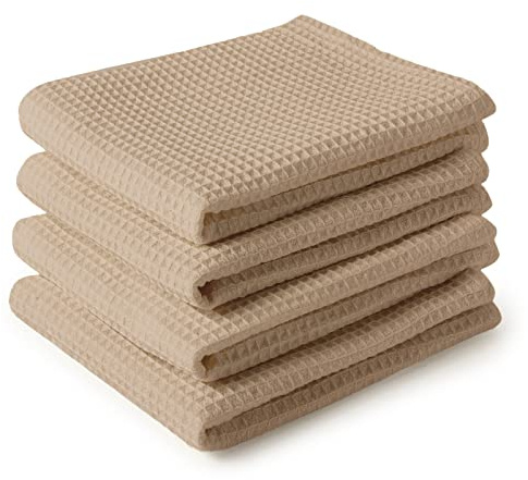 Encasa XO Paños y paños de Cocina de algodón Beige | Toalla de té de Tejido Plano y Tipo gofre | Juego de paños de Cocina | 70x45 cm | Reutilizable y de Secado rápido Juego de 4