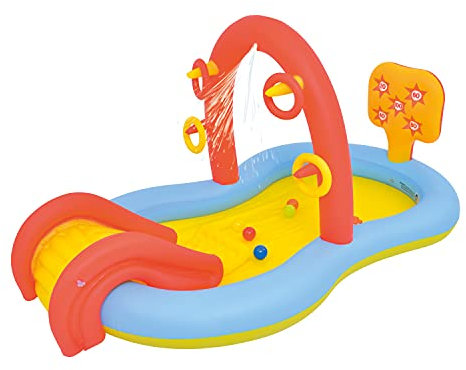 Sun Club Inflatable Play Pools with Water Spray / 2 Styles/Ring Toss and Plastic Balls/Paddling Pool with Slide (Slide Play Pool)