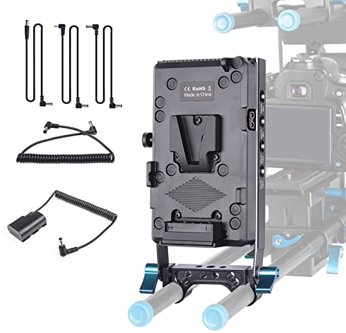 Moman V-Mount Battery Plate VLock Adapterplatte, Netzteil-Splitter mit 15 mm Stangenklemme für BMPCC 4K/6K Kamera Canon Sony, 5V/8V/12V/15V DC/D-Tap Ausgang/USB-Port mit LP-E6 Dummy-Akku und DC-Kabel