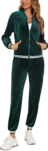 Survêtement Ensemble Velours Femme à Capuche Zippés Sportswear en Velours Sweat à Manche Longue Pantalon pour Jogging Tennis Gym Yoga Vêtements de Fitness Vert B M
