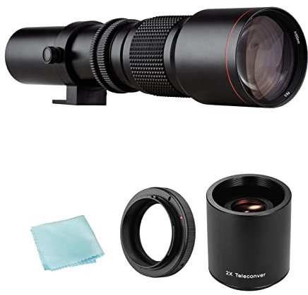 Andoer Camera Super Telephoto Lens 500mm F/8.0-32 Manual Zoom T-Mount + 2X 500mm Teleconverter Lens + T2-EOS Adapter Ring Replacement for Canon EOS Rebel T7 T7i T6 T6i T5 80D 77D 700D 70D 60D 50D