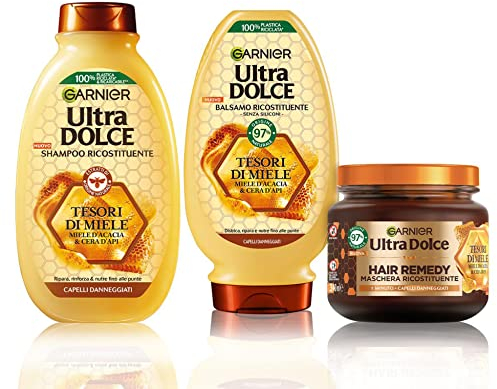 Garnier Ultra Dolce Routine Completa Tesori di Miele, Kit con Shampoo + Balsamo + Maschera, Ideale Per Capelli Danneggiati, Con Miele d'Acacia e Cera d'Api