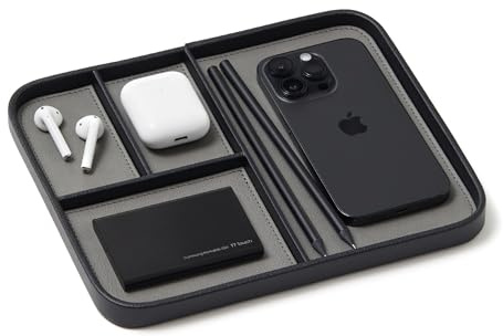 Nordik Leather Valet Tray - Pebble Black - 24x20 cm Medium Vegan Leather Tray for Entryway - Stylish Nightstand Organizer for Men - Modern Bedside Caddy - EDC Catchall for Keys Phone Wallet Jewellery