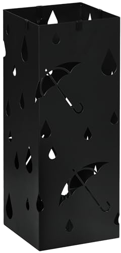 HOMCOM Portaombrelli in Metallo con 4 Ganci, Porta Ombrelli di Design con Vaschetta Scolapioggia e Decorazioni, 15.5x15.5x41cm, Nero