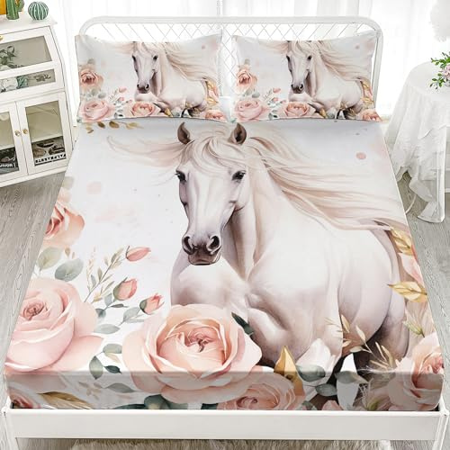 AILONEN Girls Horse Fitted Sheet Set - Twin Size, Pink Flower White Horse Bed Sheet Set, 3 Pieces Cute Animal Themed Sheet Set With 2 Pillowcases
