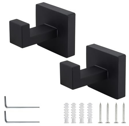 TIANLIN Lot de 2 Crochet Salle de Bain à Percer, Patère Murale Noir Mat en Acier Inoxydable 304, Montage Caché avec Socle Carré et Outils d’Installation, pour Salle de Bain, Cuisine, Bureau