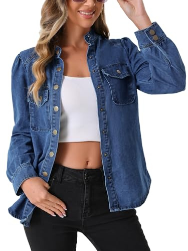 Allegra K Donna Giacca in Denim Collo Alto, A Palloncino, Manica Lunga, con Bottoni, Camicia in Jeans Blu M