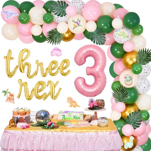 Sursurprise Dinosaur 3rd Birthday Decorations for Girl Three Rex Balloon Garland Arch Kit Pink Sage Green Dinosaur Cards for 3 Years Old Third Birthday Party Supplies